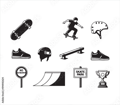 Skateboarding icons set including equipment and park signs isolated design