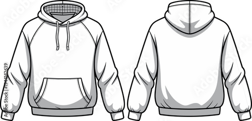 Technical Flat Sketch of a Raglan Sleeve Hoodie Sweatshirt with Kangaroo Pocket Drawstring Hood and Ribbed Trim for Fashion Design and Garment Manufacturing