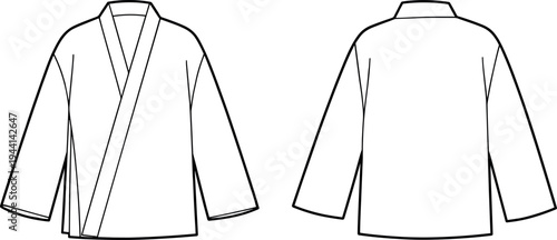 Technical Flat Sketch of a Short Kimono Noragi Jacket Featuring Wide Sleeves Open Front Design and Minimalist Styling for Fashion Design and Garment Manufacturing