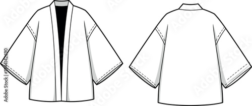 Art & IllustrationTechnical Flat Sketch of a Short Sleeve Kimono Noragi Jacket Featuring an Open Front Wide Sleeves and Minimalist Style for Fashion Design and Manufacturing