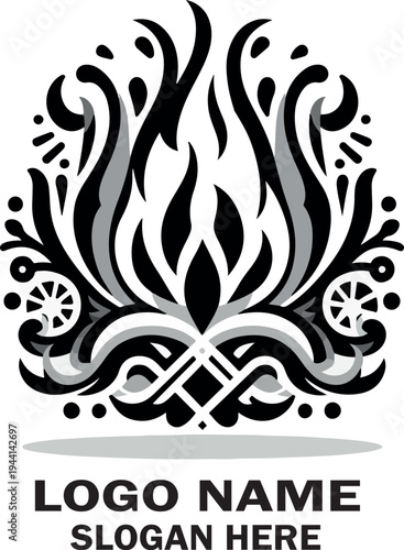 Black tribal floral tattoo design with decorative swirl leaves in vintage ornamental vector style