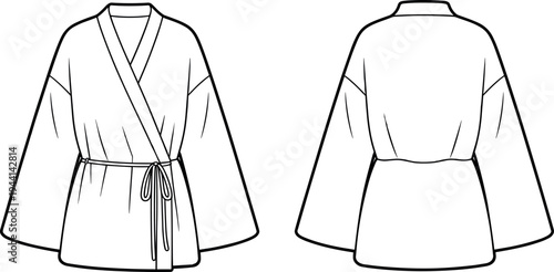 Technical Flat Sketch of a Women's Short Kimono Wrap Robe with Wide Sleeves and Tie Waist Detail for Fashion Design and Garment Manufacturing Templates