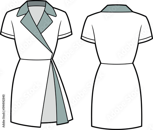 Art & IllustrationTechnical Flat Sketch of a Women's Short Sleeve Wrap Dress Featuring a Notched Lapel Contrast Collar and Cinched Waist for Fashion Design and Manufacturing