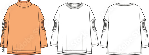 Modern fashion illustration of long sleeve mock neck top with circular sleeve cutouts, ribbed cuffs, curved hemline design - flavector