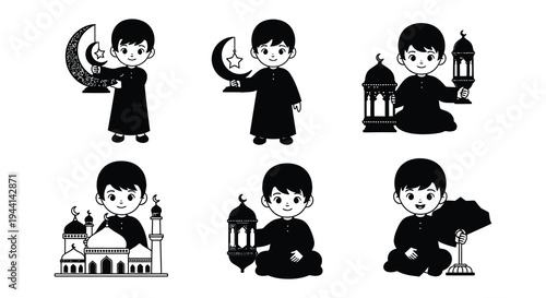 Cute cartoon illustration of muslim boys holding traditional ramadan lanterns