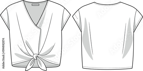 Art & IllustrationTechnical Flat Sketch of a Women's Sleeveless V Neck Blouse Featuring a Decorative Front Tie Knot Hem and Minimalist Style for Fashion Design TemplatesTechnical Flat Sketch of  