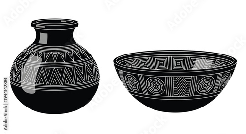 Two black and white ceramic vessels with geometric patterns are displayed