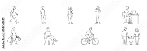 Minimal line people characters collection with everyday activities walking standing sitting cycling shopping working with laptop family and photographer thin outline vector illustration set