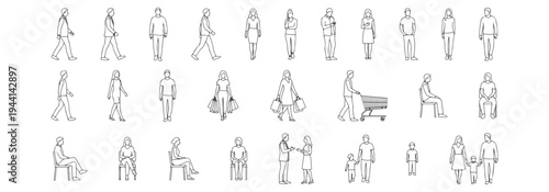 Large collection of people characters in everyday activities walking standing sitting shopping talking family with children minimal thin line vector illustration set for urban lifestyle scenes