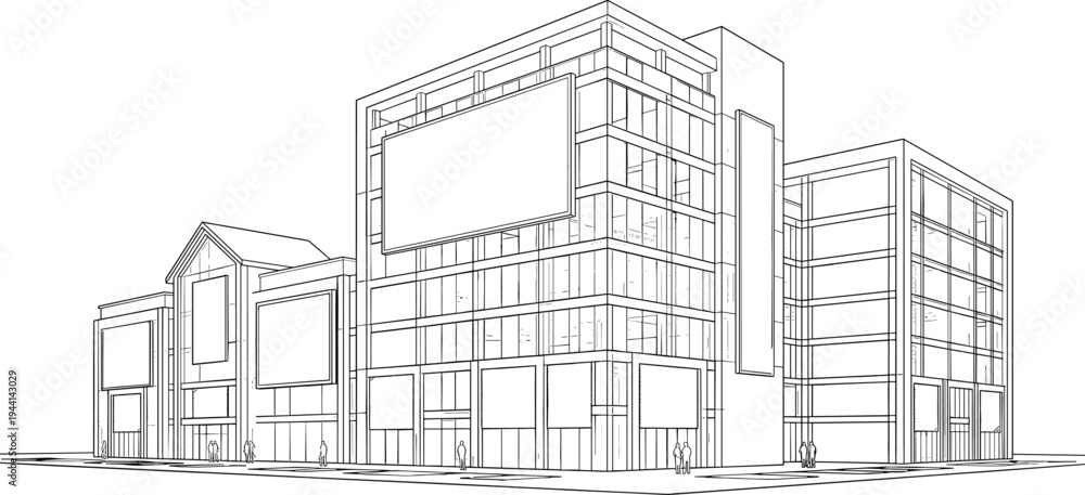 Fototapeta premium Modern commercial office complex 3D perspective elevation featuring glass facades, multiple advertising billboards, and mixed-use urban architecture.