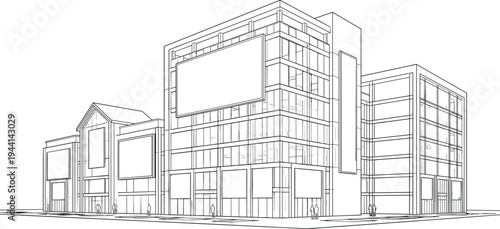 Modern commercial office complex 3D perspective elevation featuring glass facades, multiple advertising billboards, and mixed-use urban architecture.