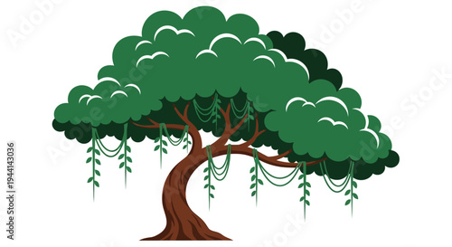 A lush green tree with hanging vines and a thick brown trunk