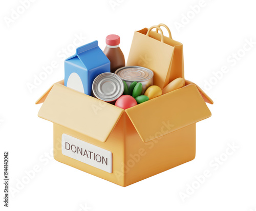 3D Donation Box Filled with Food Items Milk Cans Vegetables and Shopping Bags Charity Concept for Food Drive Community Support and Volunteer Projects