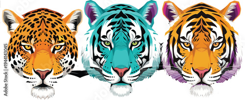 Wild big cat head illustration set featuring leopard and tiger portraits, colorful wildlife predator vector collection isolated on white