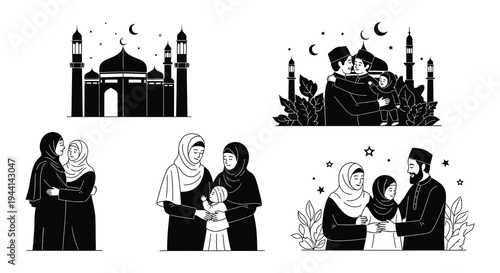 Islamic family scenes featuring a mosque embraces and togetherness
