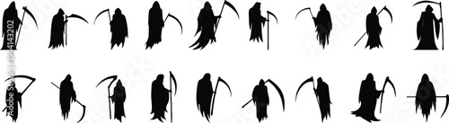 Ghost silhouette icon set for spooky Halloween design. Scary floating spirit shapes create playful horror elements for party posters, decorations, and themed graphics. Simple black silhouettes add 