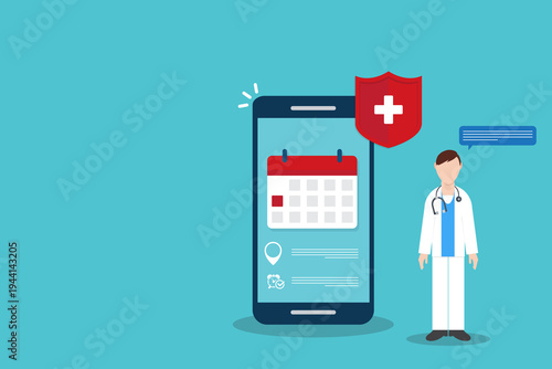 Telemedicine Doctor Appointment Mobile App Interface with Healthcare Protection Shield, Online Medical Consultation, Hospital Booking Calendar on Smartphone Illustration