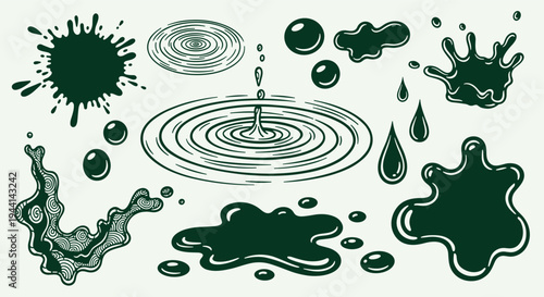 Collection of Dark Green Splashes Drops and Ripples Abstract Shapes