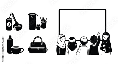 Black and white illustration of school items and muslim students