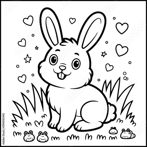 Cute Easter bunny with hearts and flowers coloring page vector illustration flat design