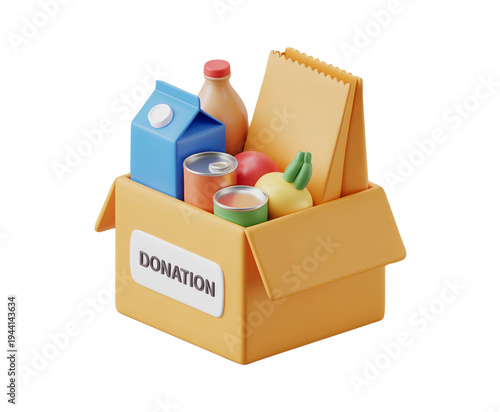 3D Charity Donation Box Filled with Cans Milk Bottle Vegetables and Paper Bag Illustration for Food Drive Volunteering and Community Support Projects