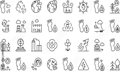 A collection of black and white icons related to ecology and the environment.
