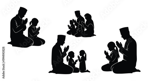 Silhouettes of muslim families praying together in a peaceful setting