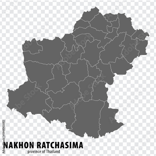 Blank map Nakhon Ratchasima province of  Thailand. High quality map Nakhon Ratchasima with municipalities on transparent background for your web site design, app, UI.  Kingdom of Thailand.  EPS10. 
