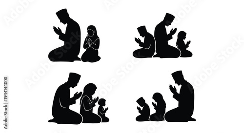 Silhouettes of muslim families praying together in a peaceful setting