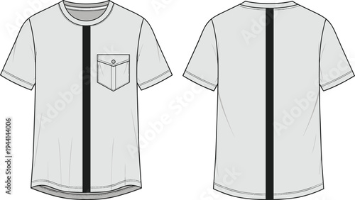 Short sleeve t-shirt with vertical stripe design, chest pocket flap button closure, front and back garment illustration - flavector