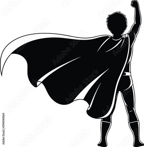 Superhero child silhouette illustration with cape, triumphant pose, raised arm, empowerment, imagination, childhood hero design concept - flavector