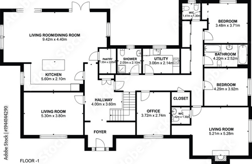 Modern executive single-story house floor plan with open-concept living and dining area, private office, and multiple bedroom wings.