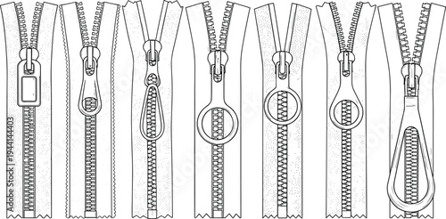 Zipper design fashion illustration with eight styles, pull tab variations, teeth mechanisms, garment accessory construction reference - flavector