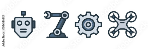 Minimalist robotics symbols in monochromatic style – Suitable for technical manuals, modern tech logos, or automation software.