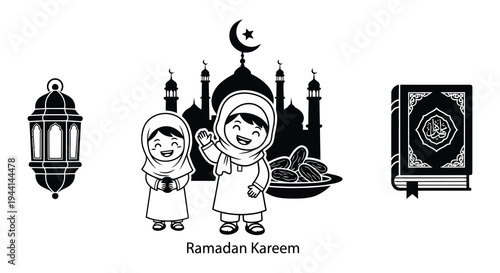 Ramadan kareem illustration with mosque children dates and islamic elements
