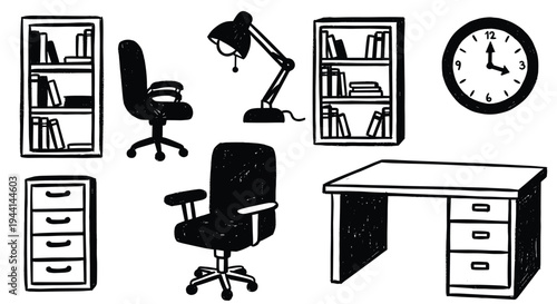 Office Furniture and Supplies Collection Hand Drawn Sketch Style