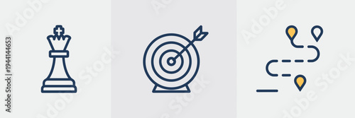 Minimalist strategy icons with chess and roadmap – Suitable for game theory, corporate logic, or tactical planning.