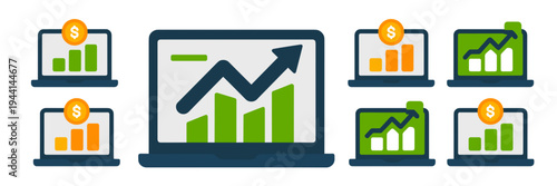 Digital business icons with growth chart – Perfect for tech startups, virtual assistant services, or internet marketing.