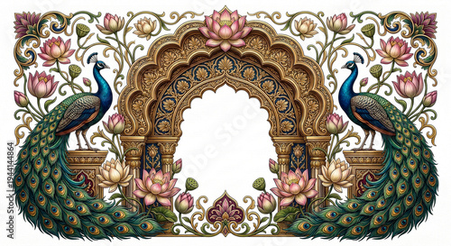 An ornate symmetrical floral archway featuring peacocks lotus flowers and intricate details on transparent background high-quality professional