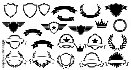 Black and white insignia emblem collection with heraldic shield ribbon and star badges