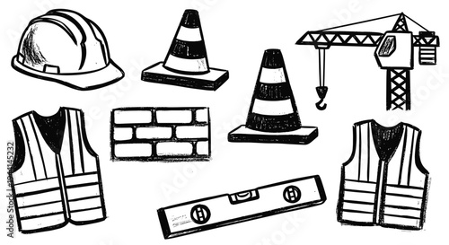 Construction tools and safety equipment doodle illustration