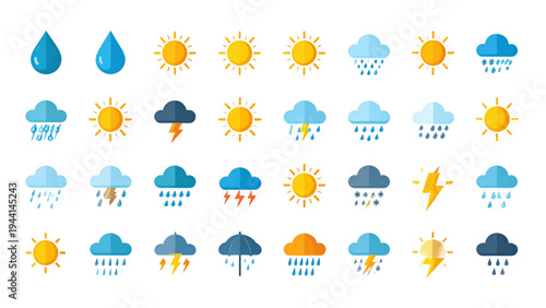 A collection of weather icons, illustrating different conditions like rain, sun, clouds, and storms in a flat vector style
