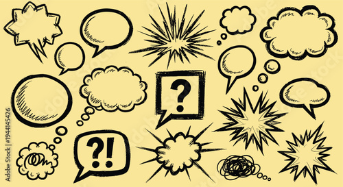 Collection of Hand Drawn Speech Bubbles and Explosion Shapes on Yellow Background