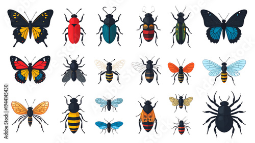  Entomology Icon Collection: A diverse set of colorful flat vector icons featuring various common insects, bugs, and invertebrates like butterflies, beetles, ants, dragonflies, bees, and spiders
