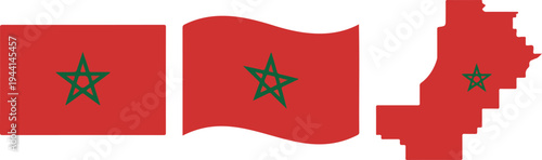 Morocco national flag set with red banner green star waving flag and country map silhouette in clean vector illustration