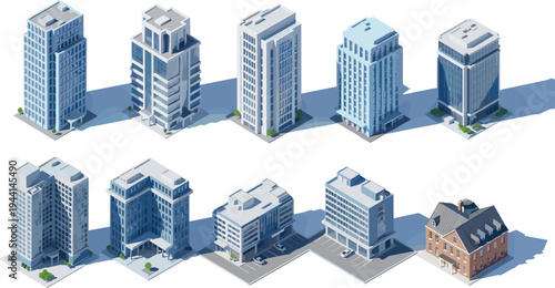 Isometric urban buildings collection featuring modern skyscrapers, residential apartments and commercial offices, detailed city architecture vector set isolated