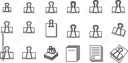 Binder Clip and Paper Clip Office Stationery Line Icon Set with Document Clips Paper Fasteners and File Organizer Symbols Minimal Outline Vector Collection