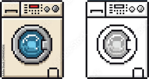 Pixel art illustration of two front-loading washing machines, one beige with a blue window and one white with a grey window, for laundry and home appliances.
