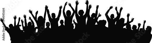 Cheering crowd silhouettes with raised hands, celebrating people group, concert audience, festival party celebration and happy community gathering