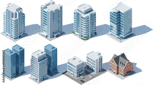 Isometric modern city buildings set with skyscrapers, residential and commercial architecture collection, urban infrastructure vector illustration isolated on white background